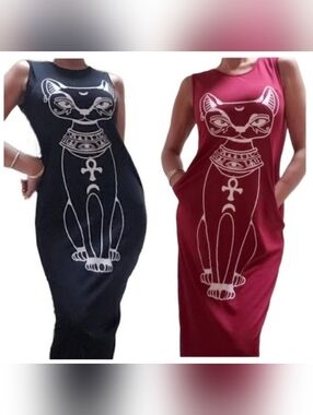 Bundle Lot 2 Black & Burgundy Sleeveless Sekhmet Egyptian God Cat Shift Dresses